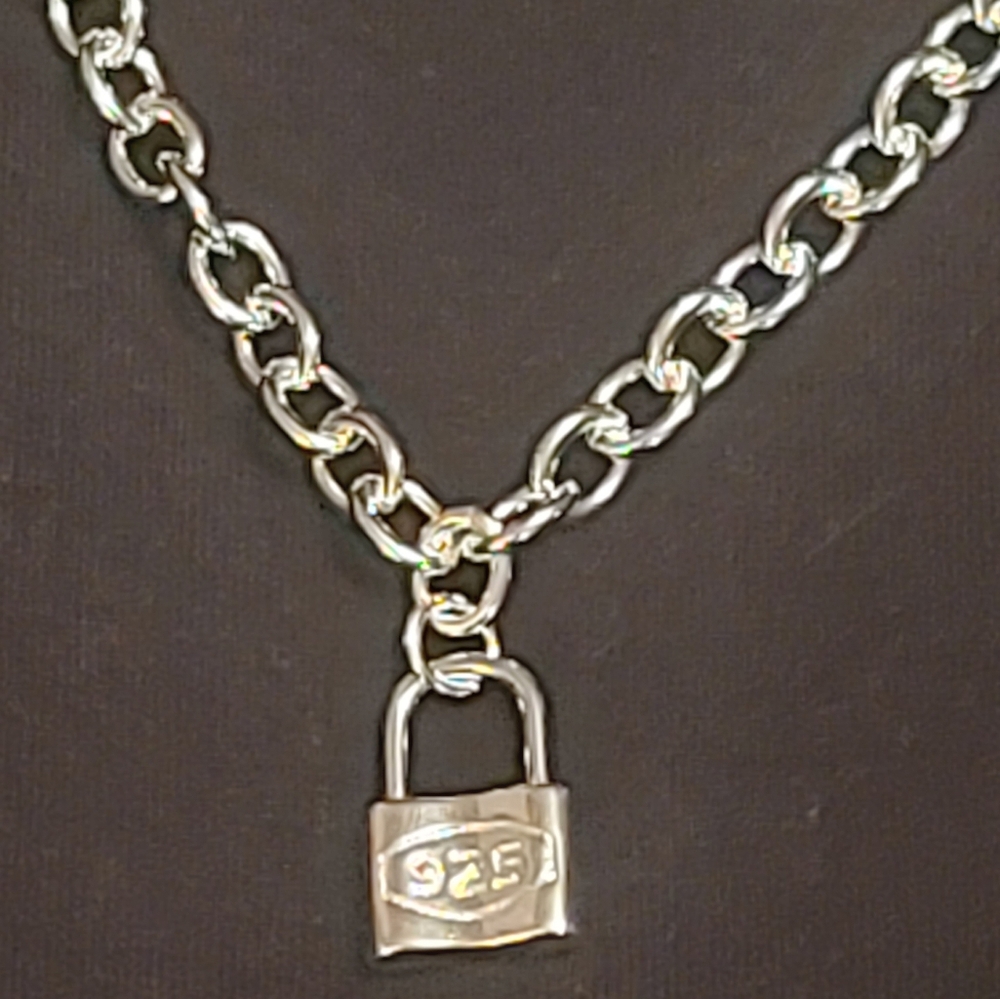 🎁 New 18"  Rolo Link Tiffany Style Lock Pendant Chain NeckSilver Chain Necklace